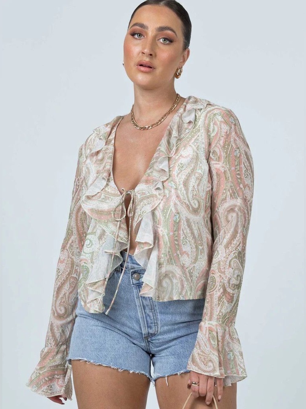 Paisley Ruffle Bell Sleeve Front-Tie Top Flowy Size 10